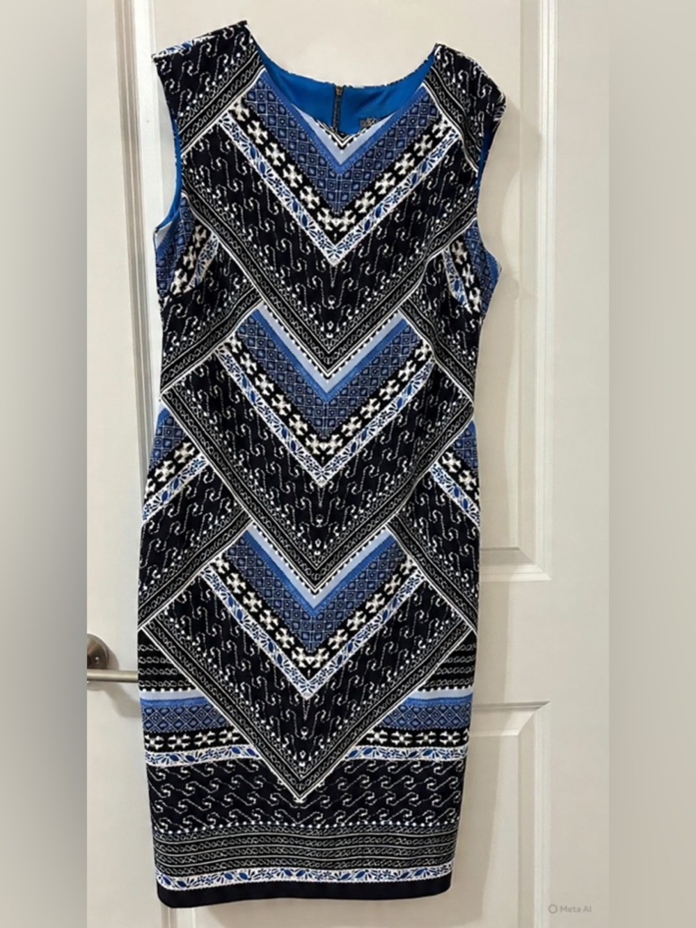 Vince Camuto Blue and Black Geometric Midi Sheath Dress